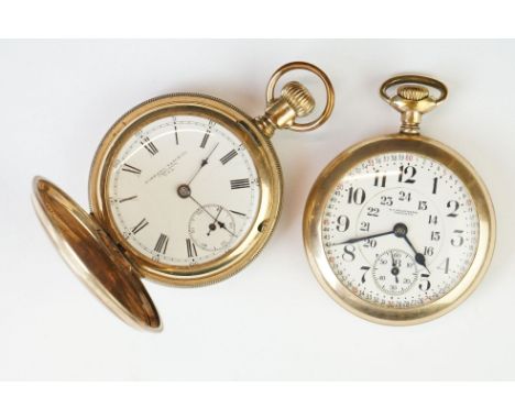 Gold plated full hunter top wind pocket watch, engine turned decoration to case, white enamel dial and seconds dial, Tornado 