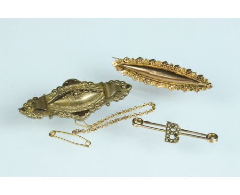 Three late 19th / early 20th century bar brooches comprising 9ct rose gold marquise brooch with cast quatrefoil and circular 
