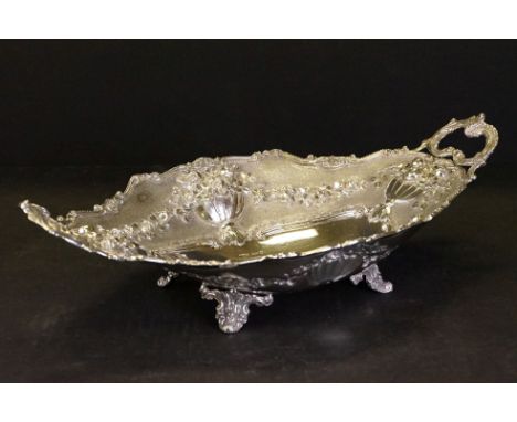 Parkin Silversmiths Ltd twin-handled silver dish, of oval form, embossed with flowers spilling from four urns, scrolling bord