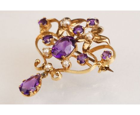 Art Nouveau style amethyst and cultured pearl 9ct gold pendant brooch, the central oval mixed cut amethyst measuring approx 1