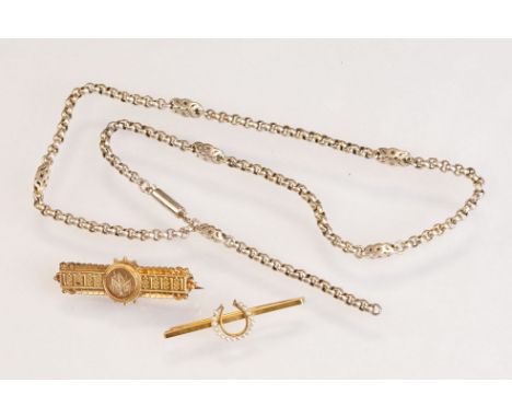 Late 19th century / early 20th century seed pearl yellow metal bar brooch, horseshoe motif, length approx 42mm; 19th century 