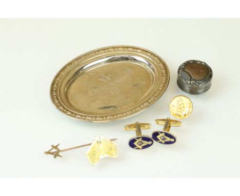 9ct gold Masonic stick pin; pair of enamelled plated cufflinks, a Masonic silver trinket dish, a silver pill box and two tie 