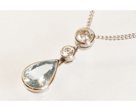 Aquamarine and diamond 18ct white gold pendant necklace, the pearl shaped aquamarine measuring approx 8.5mm x 6mm, suspended 