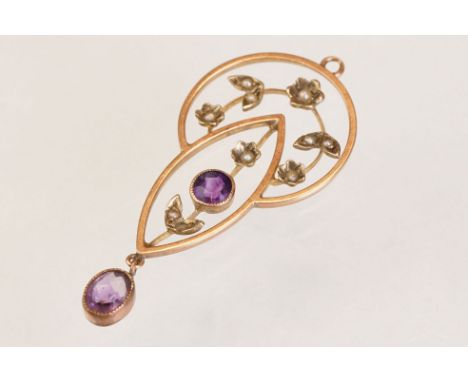 Edwardian amethyst and seed pearl rose metal pendant, open sinuous frame, floral and foliate motifs set with seed pearls, rou