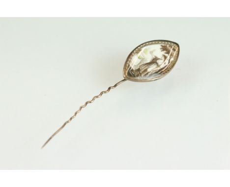 Regency rose metal mourning stick pin, the marquise ivory portrait miniature head depicting Grecian woman standing under a tr