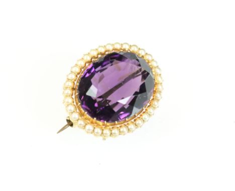 Victorian amethyst and seed pearl unmarked yellow gold brooch, the oval mixed cut amethyst measuring approx 2cm x 2.5cm, claw