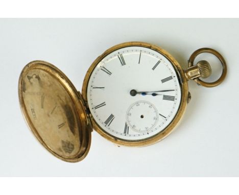 14ct yellow gold full hunter top wind pocket watch, engine turned case with vacant cartouche,  white enamel dial and seconds 