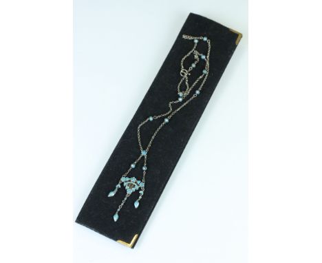 Blue enamelled white metal giardinetti pendant necklace, enamelled floral triangular cluster with pendant drops, suspended fr
