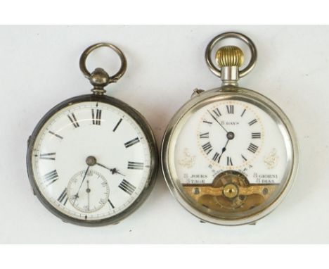 Victorian silver open face key wind pocket watch, white enamel dial and seconds dial, black Roman numerals and poker hands, e