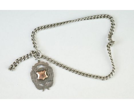 Silver curb link Albert watch chain with silver fob medallion, bolt ring clasp, each link stamped, length approx 31.5cm 