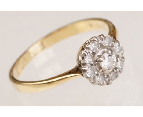 Diamond 18ct yellow gold and platinum cluster ring, small round brilliant and small round eight cut diamonds, diameter of hea