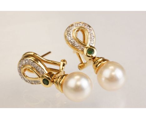 Diamond, emerald and cultured pearl yellow metal drop earrings, the elliptical loop set with small round brilliant cut diamon