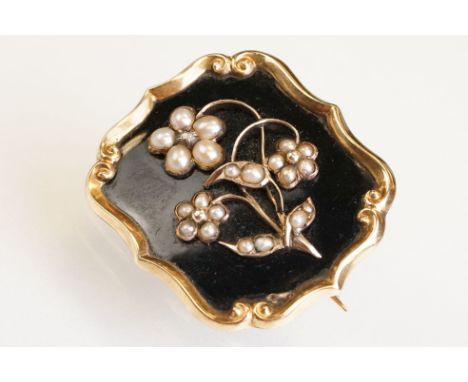19th century diamond and pearl black enamelled brooch, small rose cut diamond to the pearl flower head centre, graduated seed
