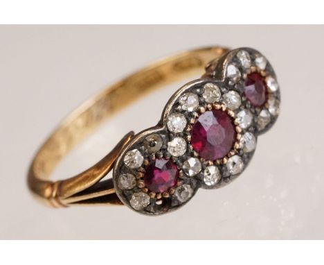 19th century ruby and diamond 18ct yellow gold and silver set three head cluster ring, three graduated small round mixed cut 
