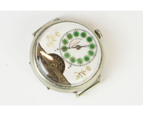 Hebdomas patent 8 days nickel cased watch, the white enamel dial with Arabic numerals, gilt floral decoration, visible balanc