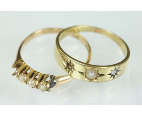 Pearl and diamond 18ct yellow gold ring, one diamond deficient, two engraved monograms verso, ring size P½; together with a p