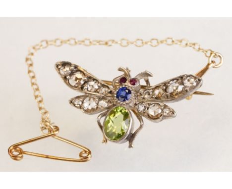 Diamond, peridot, ruby and sapphire insect brooch, the rose cut oval peridot rubover set, graduated rose cut diamond set wing