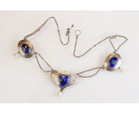 Art Nouveau pearl and enamelled silver necklace, the central panel with enamelled heart shaped centre, baroque pearl dropper,