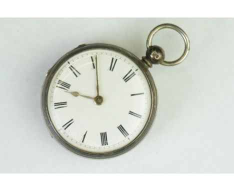 19th century silver open face key wind pocket watch, white enamel dial, black Roman numerals, poker hands, engine turned case