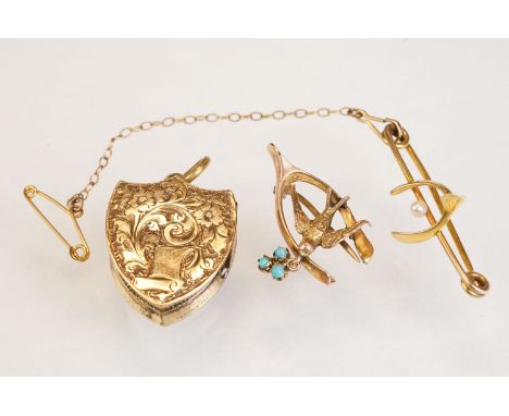 Gold plated shield shaped locket with engraved foliate scroll decoration; together with an Edwardian seed pearl yellow metal 