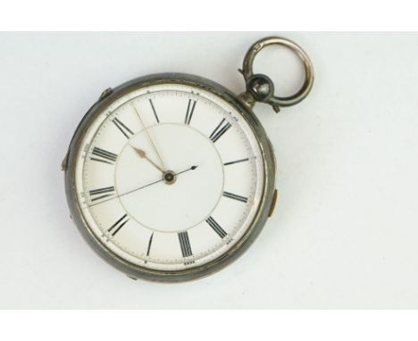 Early 20th century silver open face key wind pocket watch, white enamel dial, black Roman numerals, poker hands, vacant carto