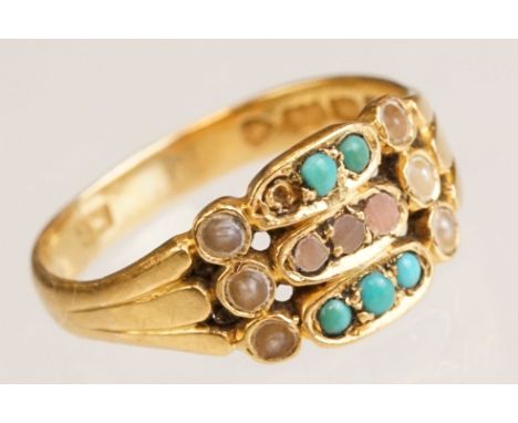 Mid 19th century turquoise and seed pearl 22ct yellow gold ring, two rows of small round cabochon cut turquoise, one deficien