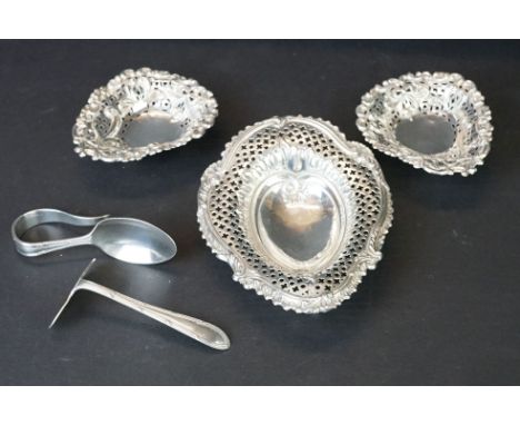 Late 19th century silver bon bon dish raised on three feet, cast foliate scroll border, pierced decoration, makers  S Blanken