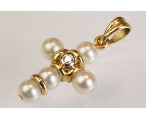 Diamond and cultured pearl yellow metal pendant modelled as a cross, small round brilliant cut diamond, rubover set, four whi