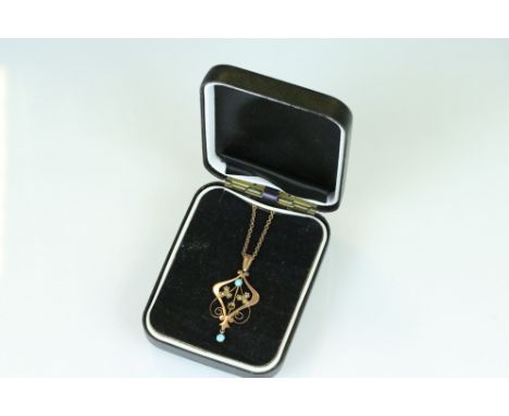 Edwardian turquoise and seed pearl 9ct rose gold pendant necklace, central stone deficient, unmarked rose gold chain broken 