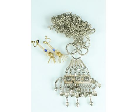 Pair of blue stone yellow metal drop earrings, screw back ear fittings; together with an Indian white metal necklace, panel d