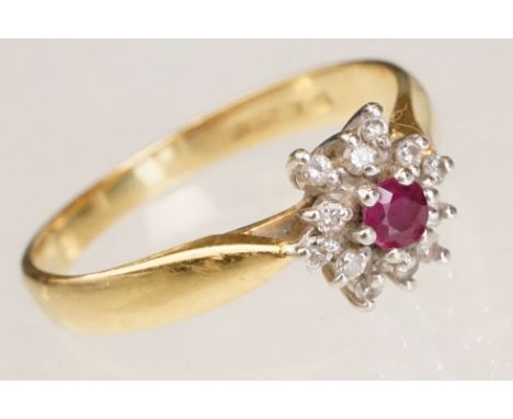 Ruby and diamond 18ct yellow gold cluster ring, diameter or head approx 8.5mm, tapered shoulders, ring size M 