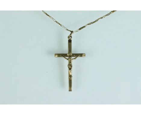 9ct yellow gold crucifix pendant necklace with 9ct gold chain; a pearl 14ct gold bar brooch (2) 