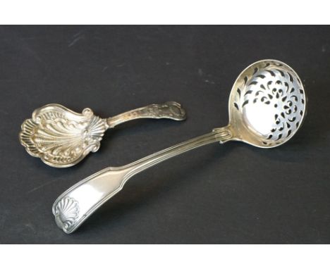 Victorian silver sifting spoon in the fiddle thread &amp; shell pattern (approx 14.5cm long, Birmingham 1859); together with 
