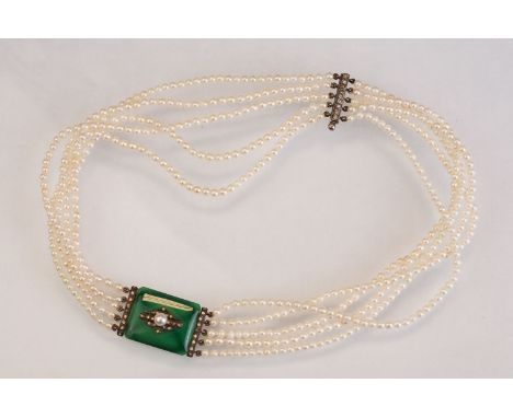 Art Deco five strand white cultured pearl necklace, diameter of each pearl approx 2.5mm, the silver mounted chrysoprase panel