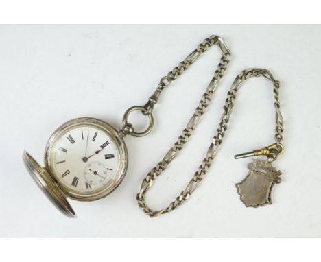 Silver full hunter pocket watch, white enamel dial and seconds dial, black Roman numerals and poker hands, engine turned case