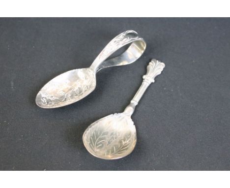 Mid 19th century silver caddy spoon with foliate engraved bowl, Birmingham 1859 - George Unite (approx 9.5cm long); plus a Le