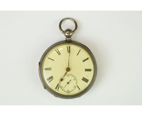 Silver open face key wind pocket watch, white enamel dial and seconds dial, black Roman numerals, poker hands, engine turned 