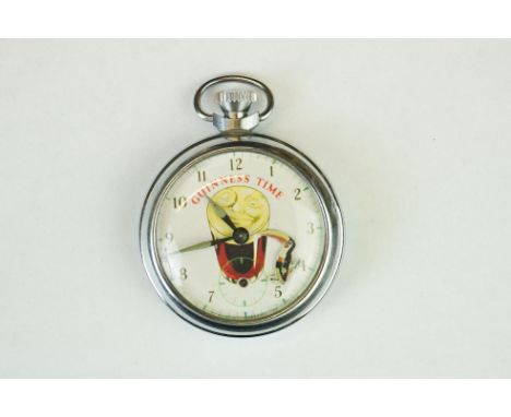 'Guinness Time' chrome plated open face top wind pocket watch, automaton toucan, subsidiary dial, diameter 5cm 
