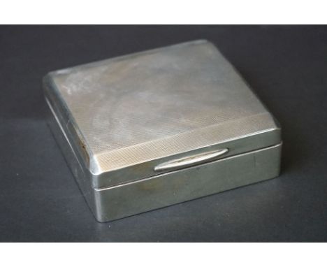Mid 20th Century silver cigarette box, in the Art Deco style, with engine turned decoration to lid, wood lined interior, Birm