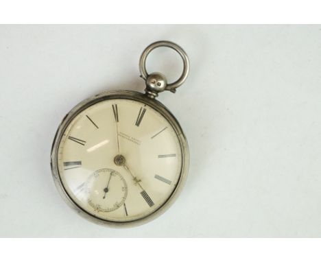 Victorian silver open face key wind pocket watch, Alfred Smith of Huddersfield, cream enamel dial and second dial, black Roma