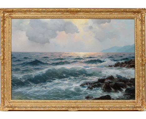 ALEX DZIGURSKI [AMERICAN/YUGOSLAVIAN 1911-1995],  OIL ON CANVAS, H 24", W 36", 'SEASCAPE':  Signed  lower right; gilt frame 