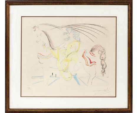 SALVADOR DALI HAND COLORED LITHOGRAPH, H 20", L  24", "VENUS AU CHEVAL":  Salvador Dali [Spanish,  1904-1989].  A hand colore