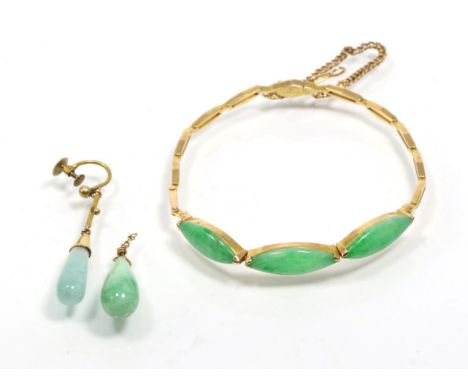 A jade bracelet, three marquise cabochon jade, to a split bar link bracelet, length 18cm, with Chinese marks; a single jade d