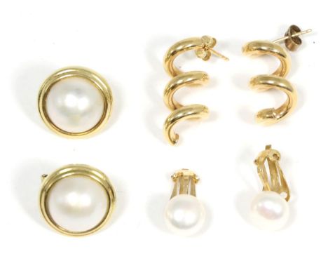 A pair of 9 carat gold mabe pearl earrings, with post and clip fittings, a pair of cultured button pearl clip earrings, stamp