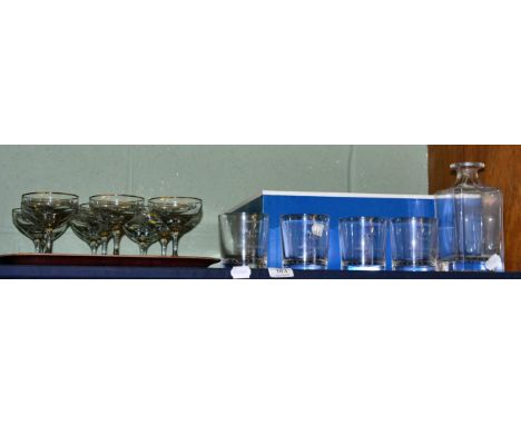 A set of twelve Babycham glasses with a boxed decanter set (qty)  