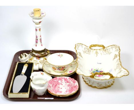 A group of Royal Crown Derby porcelain including Derby Posies lamp, trio and dishes, twin handled pedestal bowl etc 