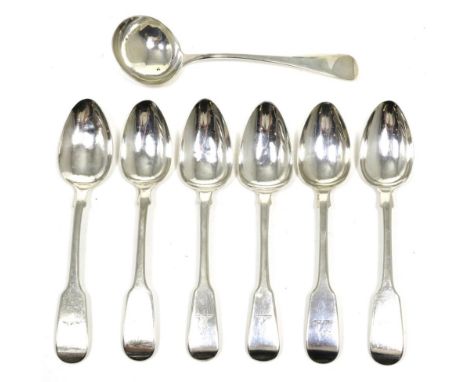 A matched set of six silver fiddle pattern dessert spoons, comprising: four Thomas Watson, Newcastle probably 1804, and two G