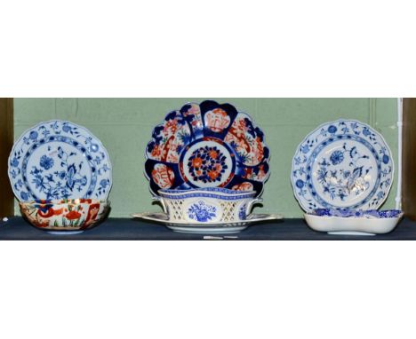 Decorative ceramics comprising two Meissen plates, Imari charger and bowl, and three pieces of 20th century blue and white Sp