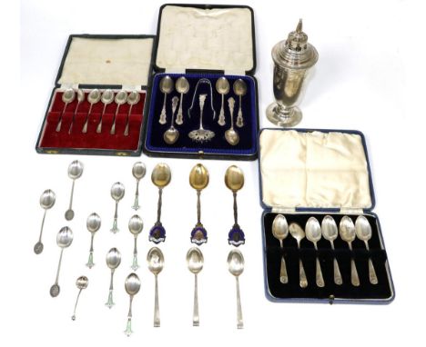 A silver sugar caster Birmingham, 1936; with a cased set of six silver spoons with tongs and strainer, Birmingham, 1909; two 