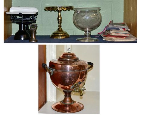 A 19th century Masonic pedestal glass bowl ''MAY-WE-MEET-UPON-A-SQUARE PART-UPON-A-LEVEL'' (damaged); 2lb weight ''STAINDROP'